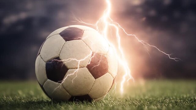 Soccer ball with lightning strike dramatic weather concept