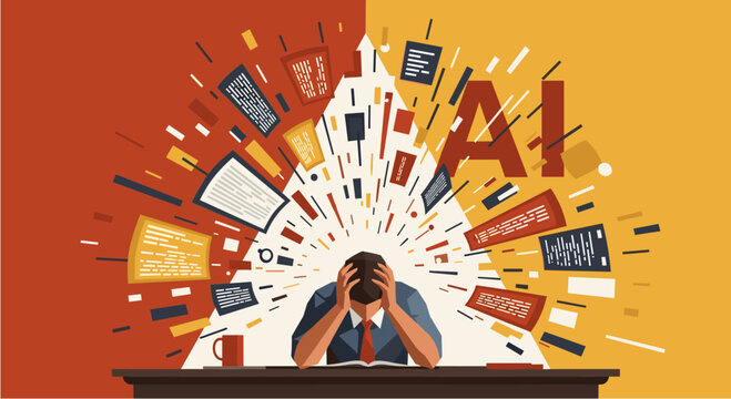 Overwhelmed businessman struggling with information overload and AI technology explosion