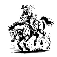 Fototapeta premium Bold black vector illustration of full cowboy riding a bucking horse in vintage classic style art