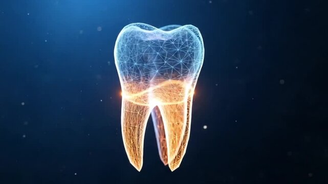 Wireframe tooth with glowing lines on dark blue background with particles
