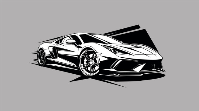 Stylized black and white illustration of a modern corvette sports car speeding forward