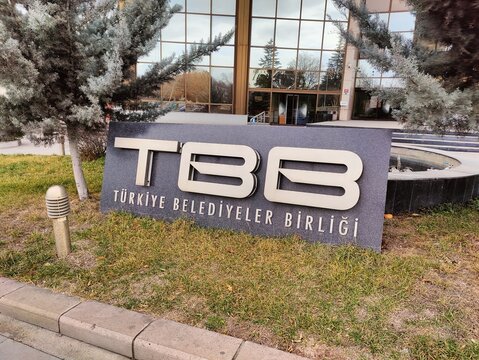 Ankara, Turkiye, January 29, 2026, Modern institutional monolith sign of the Union of Municipalities of Turkey (TBB) stands firmly in a garden, representing solid foundations of local governance, civi