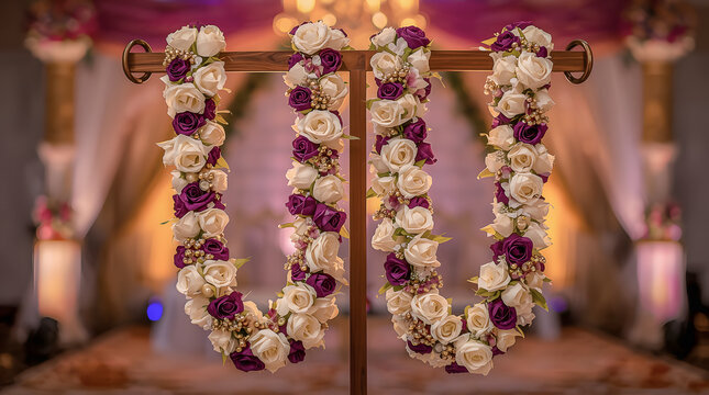 Elegant floral garlands crafted with creamy white and deep purple roses hang gracefully on a wooden stand, creating a romantic and luxurious ambiance perfect for weddings, receptions & celebrations.