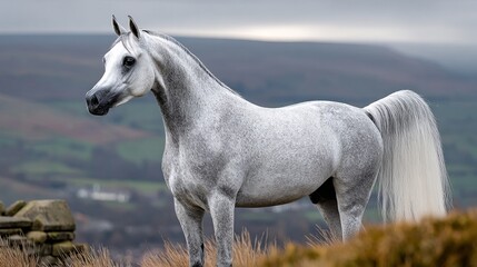 Fototapeta premium Stunning Grey Arabian Horse Portrait in a Serene Meadow Surrounded by Colorful Autumn Foliage