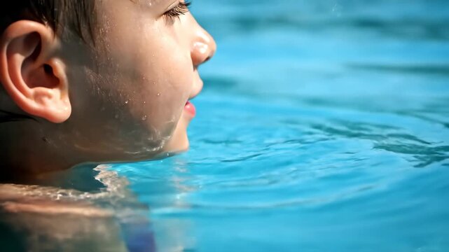 Close up profile of a young caucasian boy spitting water while playing in a swimming pool. Happy childhood moments and summer vacation activities. Sequence of frames for a web banner