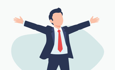 Minimalist flat vector illustration of a happy businessman in a suit with arms wide open, celebrating success, victory, or professional achievement on a light background.