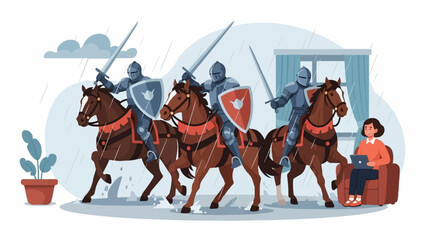 Knights on horseback ride through rain while a woman works on her laptop indoors