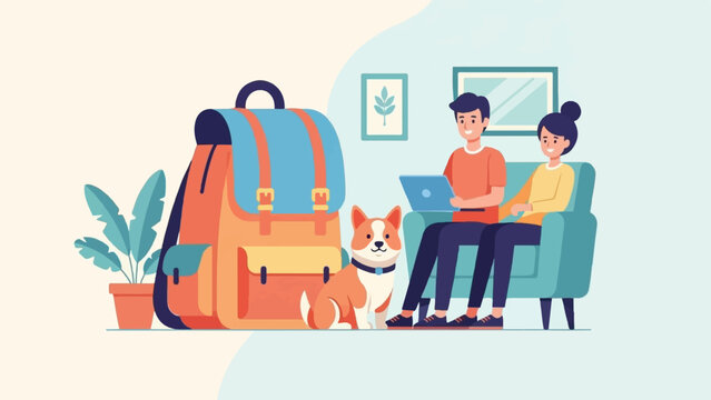 Modern home scene with backpack, dog, plants, and people on a couch