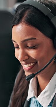 Call center, communication or woman with headset, lead generation or customer service in crm management. Telemarketing, coworking or agent with tech, outbound contact or feedback in help desk.