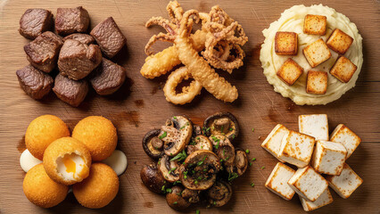 Fototapeta premium A variety of delicious appetizers including fried calamari, breaded mushrooms, mini toast slices, and brownie bites artfully arranged on a wooden table.