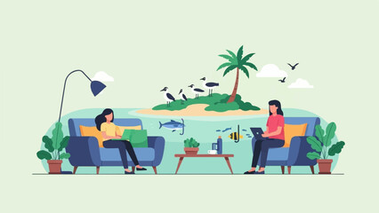 People working on laptops while relaxing on couches with ocean and island scenes