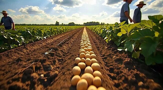 Farmers harvesting potatoes in a sunny field with rows of potatoes