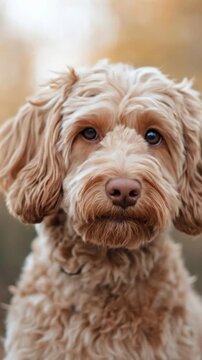 Adorable Labradoodle Puppy with Curly Fur and Expressive Eyes Looking Directly at the Camera.