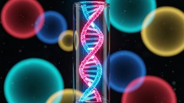 Dna double helix in a test tube with colorful circles on a black background