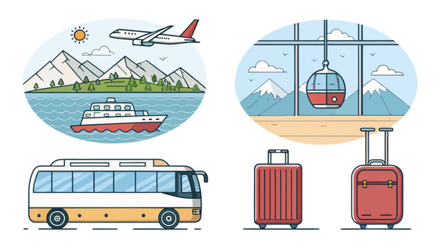 Tourism transport modes silhouette vector pack featuring tour bus airplane cruise ship cable car and luggage for travel and vacation