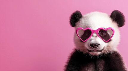 Obraz premium Panda bear wearing pink heart-shaped glasses, copy space