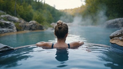 Fototapeta premium Woman in Thermal Pools with Mountain View and Relaxation
