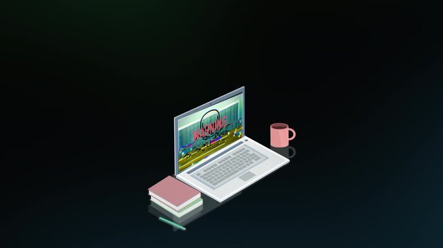 Illustrated laptop infected by digital malware with glitch effects, representing cyber attacks, system intrusion, data theft, ransomware threats and compromised computer security.