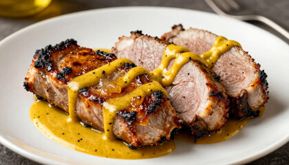 Close up of sliced grilled pork loin with mustard sauce on a white plate. Gourmet meat dish for restaurant menu.