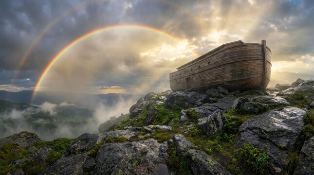 Noah's Ark resting on rocky mountain peak with double rainbow and storm clouds