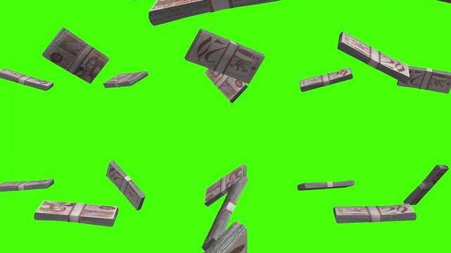Saint Helena Pound banknotes falling on green screen, SHP currency rain
