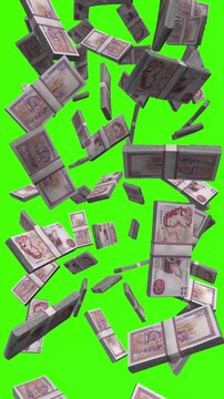 Vertical Manx Pound bills falling on chromakey, IMP cash rain for vertical video