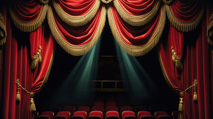 red curtains under a single spotlight, with gold piping and an intimate stage vibe, HD and 4k image