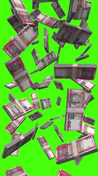 Vertical Jersey Pound bills falling on chromakey, JEP finance animation