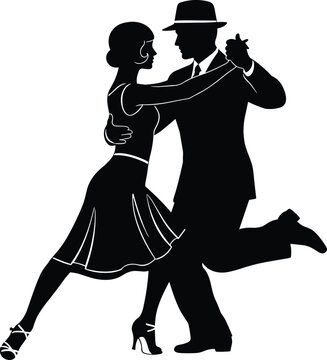 Vintage Style Silhouette of Elegant Couple Dancing Argentine Tango in Retro 1920s Attire Isolated on White Background for Ballroom Design