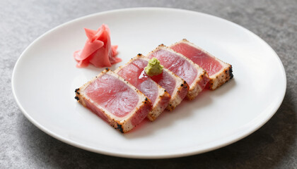 Fototapeta premium Sliced seared tuna with pink pickled ginger and light green wasabi on white plate. Fresh seafood dish.