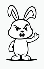 Obraz premium Angry Rabbit Cartoon – Black and White Line Art with Assertive Expression and Raised Paw Gesture