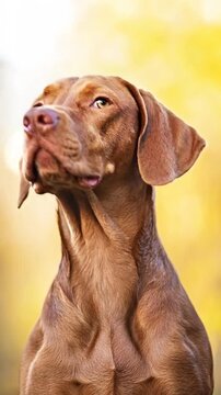 Majestic Vizsla dog portrait with a warm, golden background, showcasing its elegant profile and alert expression.