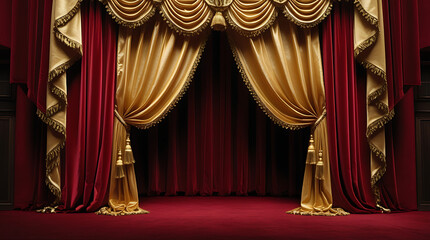 A rich burgundy stage curtain with prominent gold drapery on both sides, giving a luxurious, closed-stage look, HD and 4k image