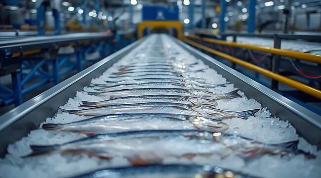 Fish on ice conveyor belt in industrial setting being processed for food production 