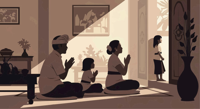 Nyepi Day in Bali &ndash; Peaceful Silence and Spiritual Harmony Vector Illustration