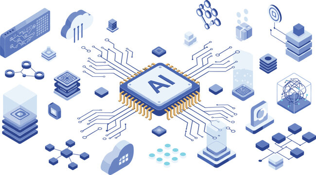 Isometric Artificial Intelligence Processor Illustration Showing AI Chip, Data Processing, Neural Computing, Cloud Integration, and Advanced Digital Technology Systems
