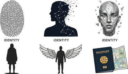 Collection of abstract human identity symbols fingerprints silhouette constellation low poly face passport and map representations © MDMUKTADIR