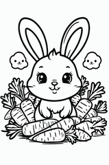 Obraz premium Bunny with Carrots Line Art – Black-and-White Illustration Featuring Expressive Eyes, Leafy Tops, and Floating Bunny Clouds
