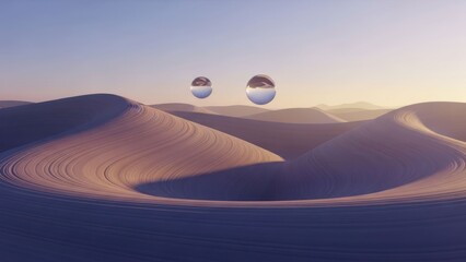Smooth abstract sand dunes, spheres reflecting sky