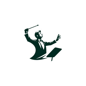 Minimalist conductor logo showing orchestra maestro leading music performance with baton and podium isolated on white background