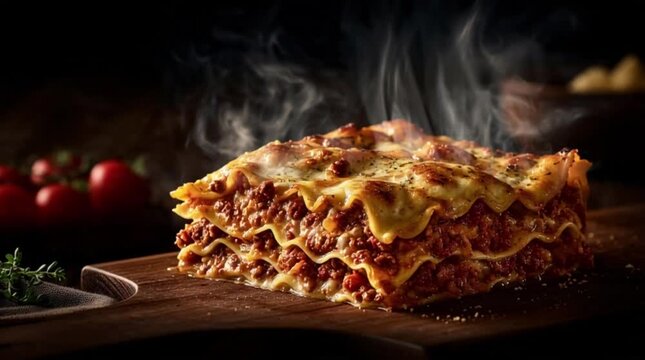 Lasagna with melted cheese and herbs pasta steam