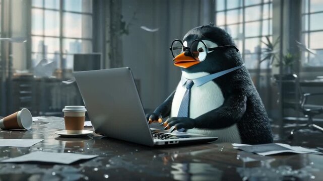 3D animation penguin wearing tie round glasses, typing frantically sleek laptop modern office. Icy, reflective floor coffee cup sliding uncontrollably. Papers flying air, natural daylight streaming