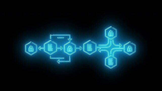Glowing blue flowchart diagram with interconnected hexagons and lock icons on a black background with a white bottom panel.