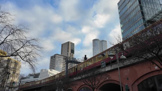 S-Bahn passing train on a bridge at the Zoologischer Garten in Berlin, Germany