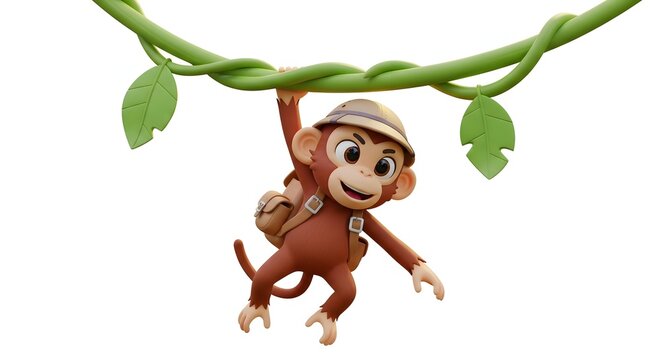 A cute cartoon monkey wearing a safari hat and backpack, swinging from a green jungle vine with leaves, against a white background.