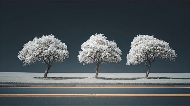 Three trees with white blossom on a gray background
