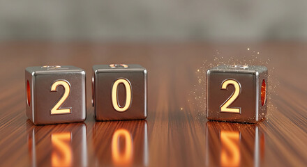Three metallic cubes displaying the year 2025 on a wooden surface with reflections and sparks