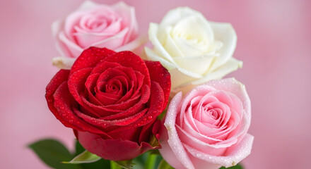 AI PHOTO - Isolated and close up shot of roses in red,white,and pink with fresh water droplets against a pink background. Useful for Valentine's Day celebration day