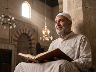 Muslim man reading Quran holy book in traditional mosque during Ramadan prayer worship devotion