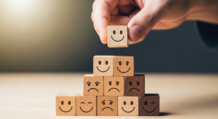 Hand placing a smiling face block on a pyramid of emotion blocks on a table